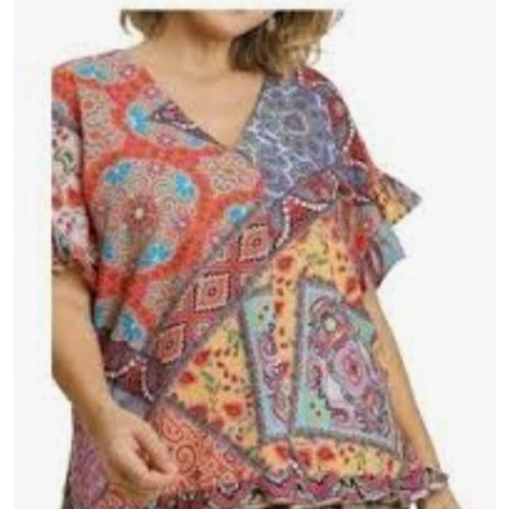 Umgee Patchwork Blouse Womens Large Multicolor Excellent Boho Ruffle Top A0083